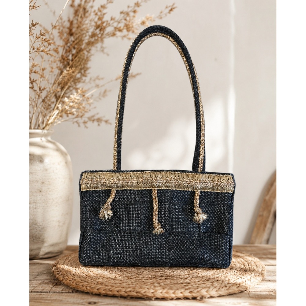 Vintage Italian Woven Small Shoulder Bag Black Gold Y2K Glam Evening Purse